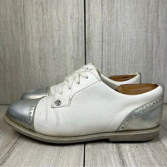 G/Fore G4 Gallivanter Cap Toe Leather Gold Sneaker Cleat Shoe Womens Size 9.5 - Picture 3 of 10